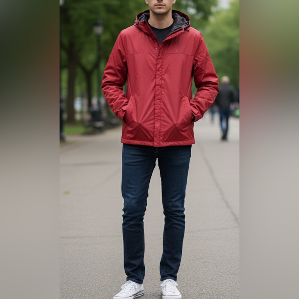 Tommy Hilfiger Red Hooded Windbreaker Jacket Small Lightweight Rain Coat